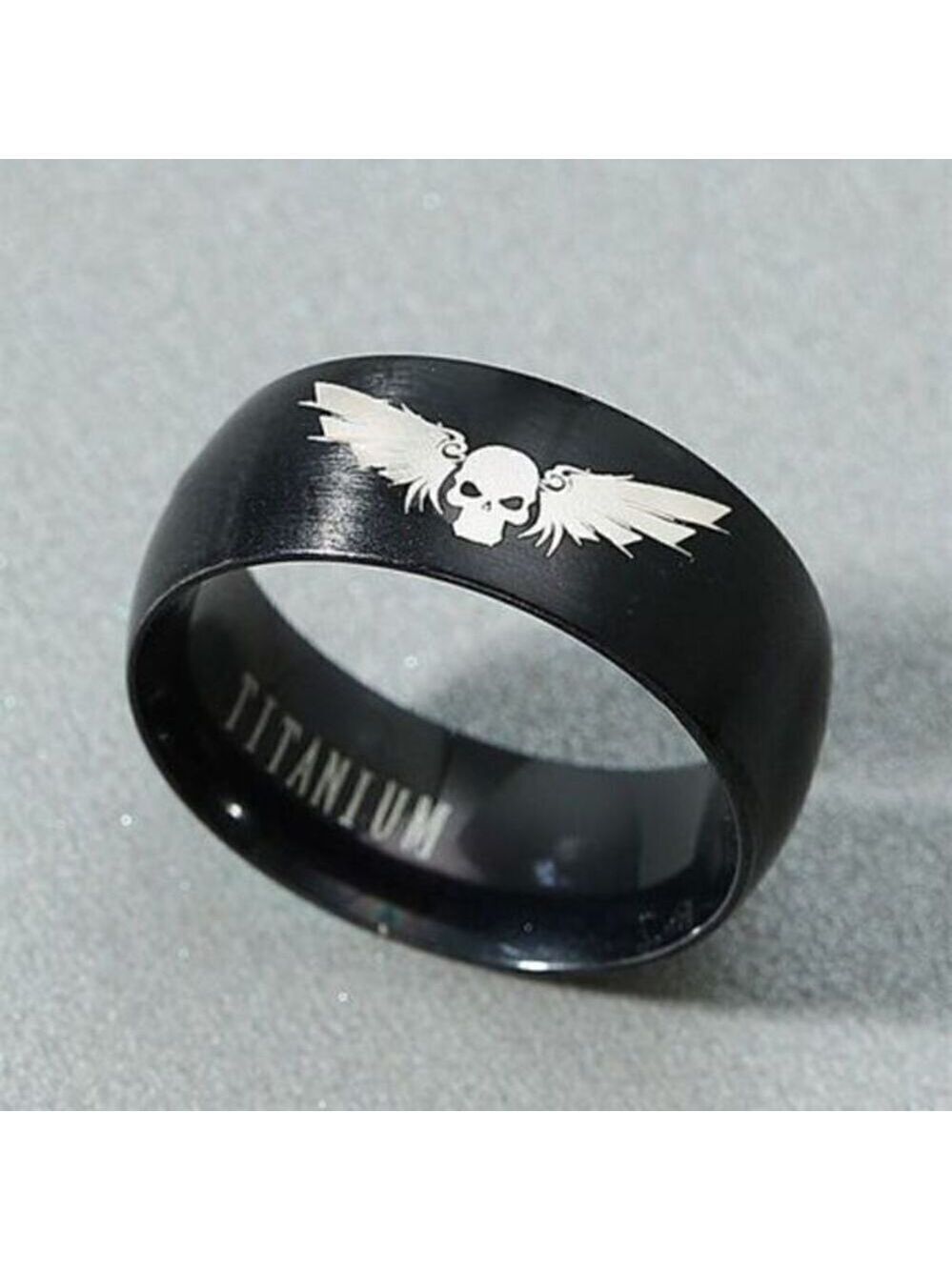 Titanium Fashion Black Skull Wings Ring size 7